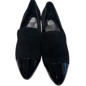Jildor Women’s Fae Loafers Black Leather /Patent Toe Heel W/ Chain Sz 7W NEW
